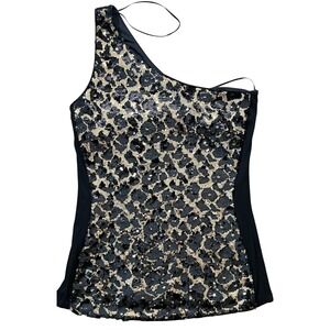 Cache‎ One Shoulder Sequin Tank Top Animal Print Party Sleeveless Blouse S